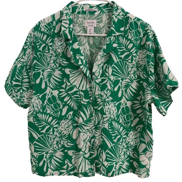 Nicole Miller Tops - Nicole Miller Linen Top Women's LARGE Button Up Shirt Short Sleeve Floral Green